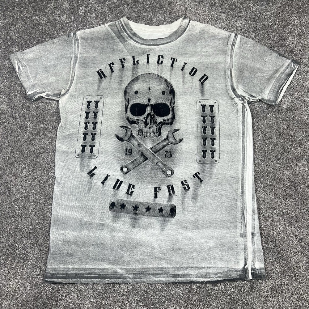 Affliction Live Fast Skull Tools Mechanic Wrenches T Shirt Men's Medium Gray Y2K